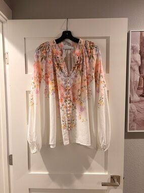 Petal & Pup Peach and White Floral Ruffled Button Blouse